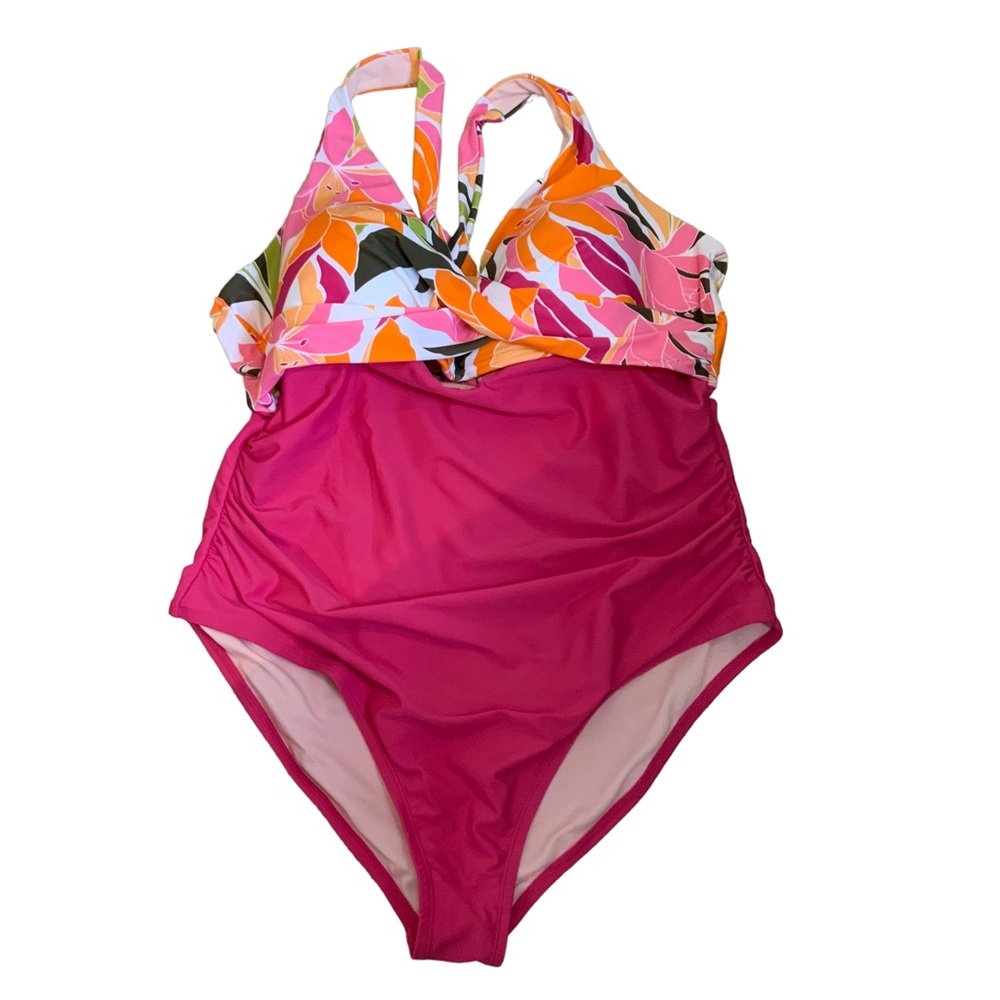 Cupshe One Piece Tie Back Tiny Cutout Swim Suit Hot Pink Tropical Pattern 3X NWT